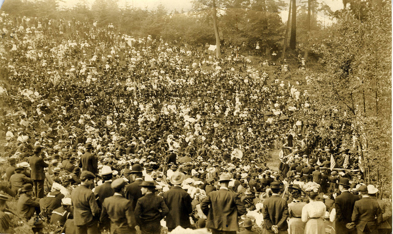The crowd is shown at the May 7, 1892, Puget Sound Centennial Celebration at Morrison’s Park (now North Beach Park). (Jefferson County Historical Society)