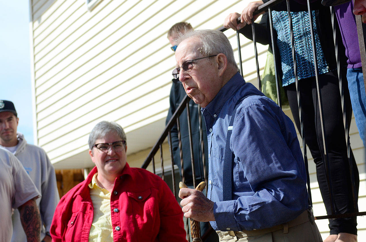 Late Port Angeles Mayor Patrick Downie told Oxford House residents that they are making a difference in Port Angeles by becoming better people and helping others with their addictions. (Jesse Major/Peninsula Daily News)