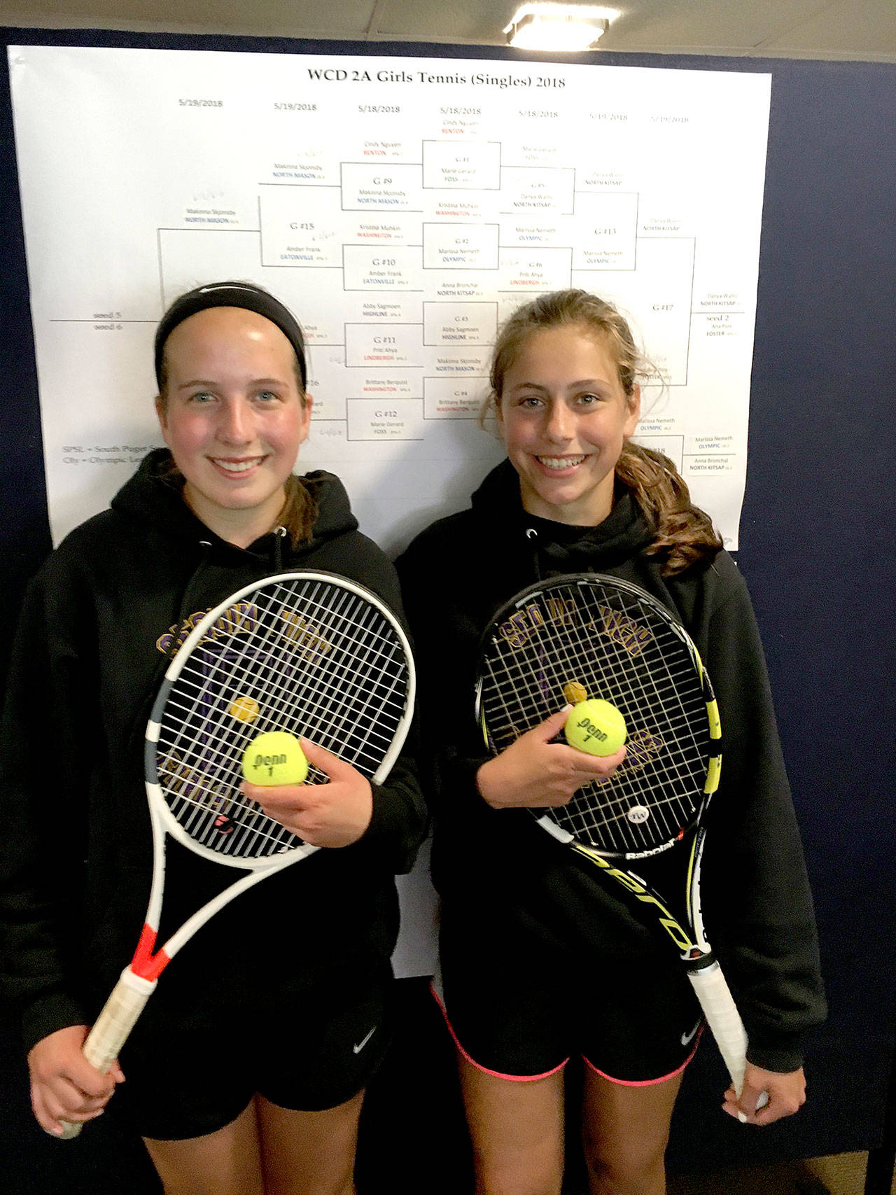 The Sequim tennis doubles’ team of Kali Wiker, left and Jessica Dietzman won the West Central District III championship Saturday.