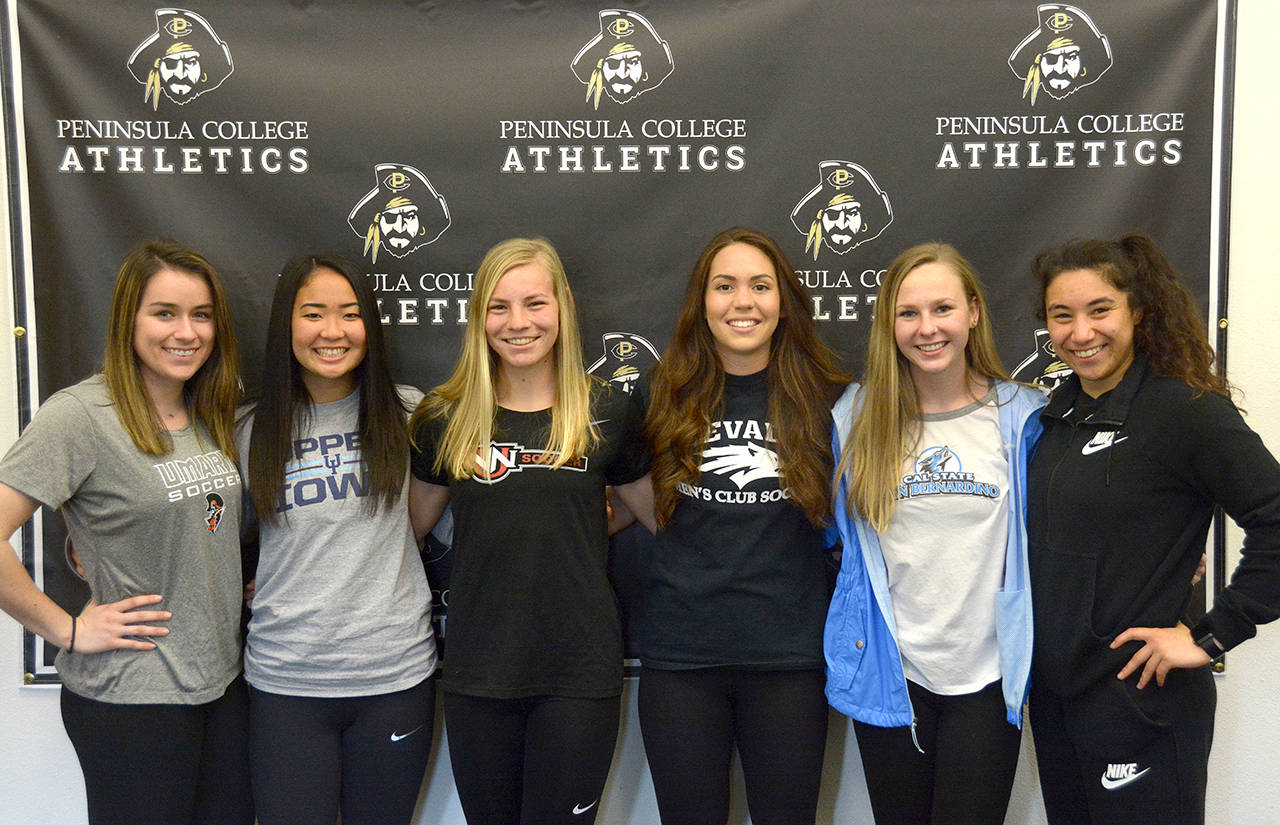 Peninsula College Athletics Seven Peninsula College women’s soccer players have signed to continue their playing careers at four-year universities around the country. They are, from left, Malia Brudvik, Jayna Morikawa, Maddy Parton, Emelie Small, Kelly Kevershan and Sarah Reiber. Not pictured: Janis Martinez.