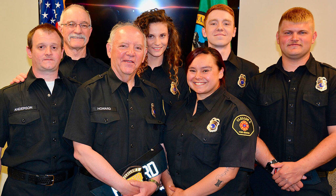 Clallam County Fire District No. 2 firefighters were recently sworn in during a fire commissioners meeting. The firefighters, front row from left, are Robert Anderson, Paul Howard and Rashaya Donnell; and back row from left, Fred Way, Mya DeLano, Sam Orr and Blake Mann. (Clallam County Fire District No. 2)