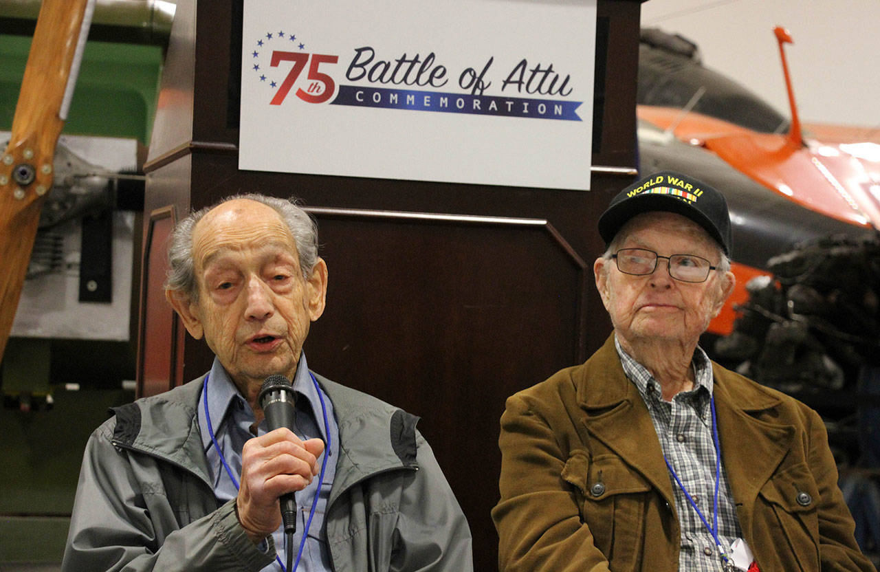 World War II veterans Allan Seroll of Massachusetts, left, and William Roy Dover of Alabama attend a 75th anniversary celebration of the Battle of Attu in Anchorage, Alaska, on May 19. (Mark Thiessen/The Associated Press)