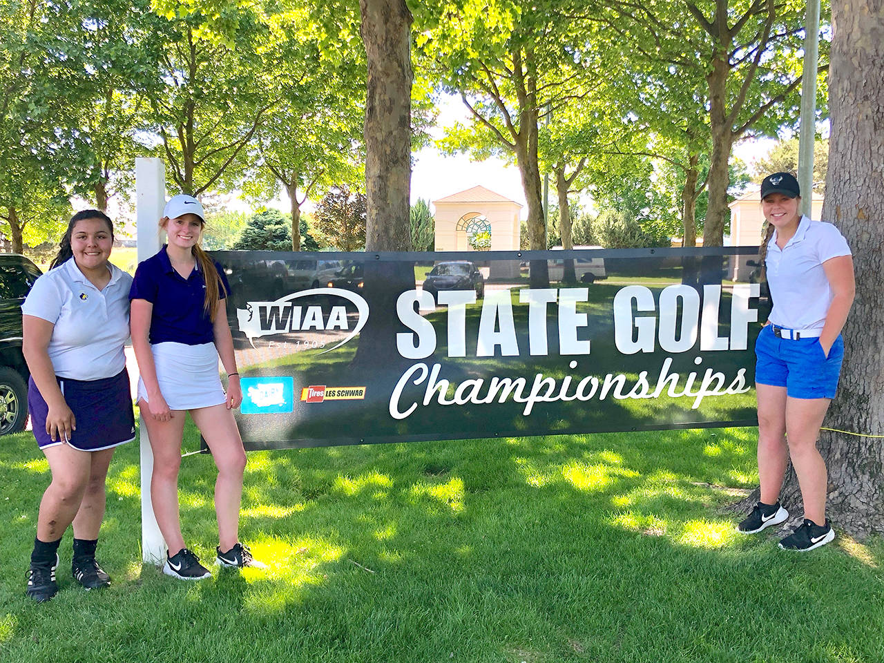 Sequim High School golfers, from left, Maddie Uranga, Sam Smith and Sara Shea, competed at the Class 2A State Golf Tournament at Horn Rapids Golf Course in Richland last week.                                Garrett Smithson/Sequim Girls Golf