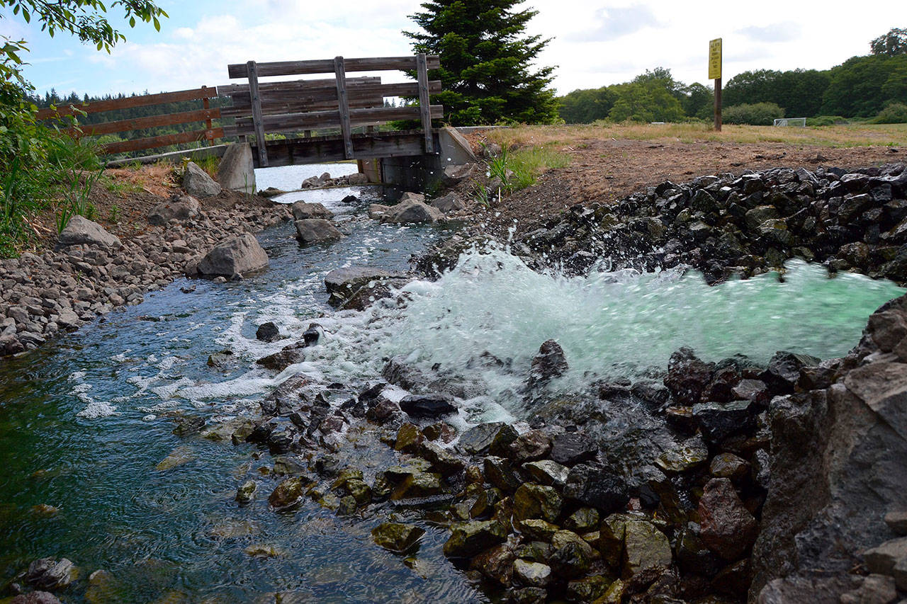In early May, staff with the city of Sequim installed a new pipeline to pump reclaimed water into the holding pond in the Water Reclamation Demonstration Site to help with oxygen flow for fish. (Matthew Nash/Olympic Peninsula News Group)
