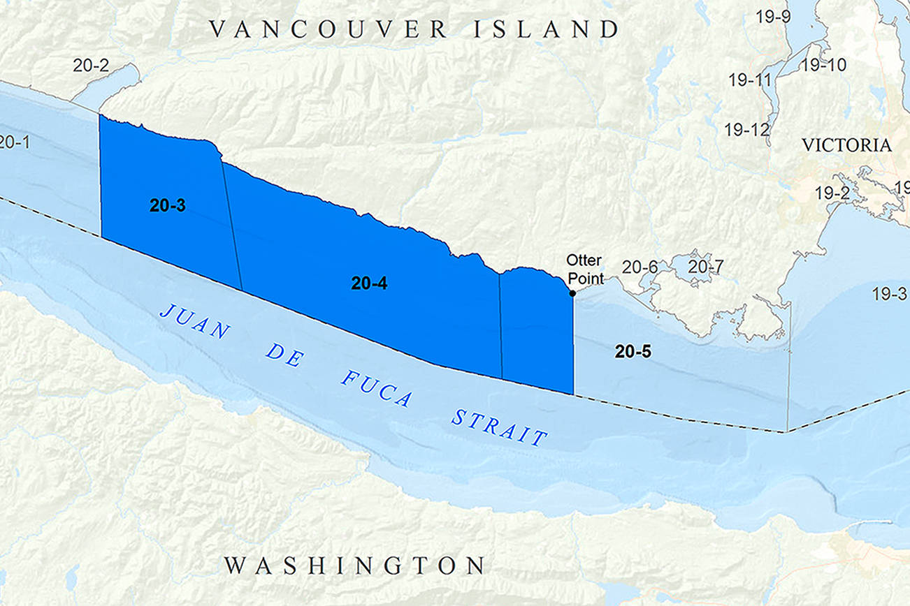 Fisheries and Oceans Canada A wide swath of the Canadian portion of the Strait of Juan de Fuca has been closed (in blue) to all recreational finfish fishing, including salmon, in an effort to protect Southern Resident Killer Whales.