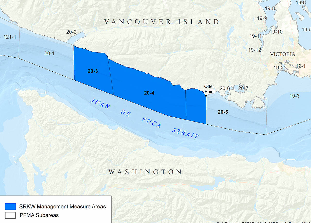 Fisheries and Oceans Canada A wide swath of the Canadian portion of the Strait of Juan de Fuca has been closed (in blue) to all recreational finfish fishing, including salmon, in an effort to protect Southern Resident Killer Whales.