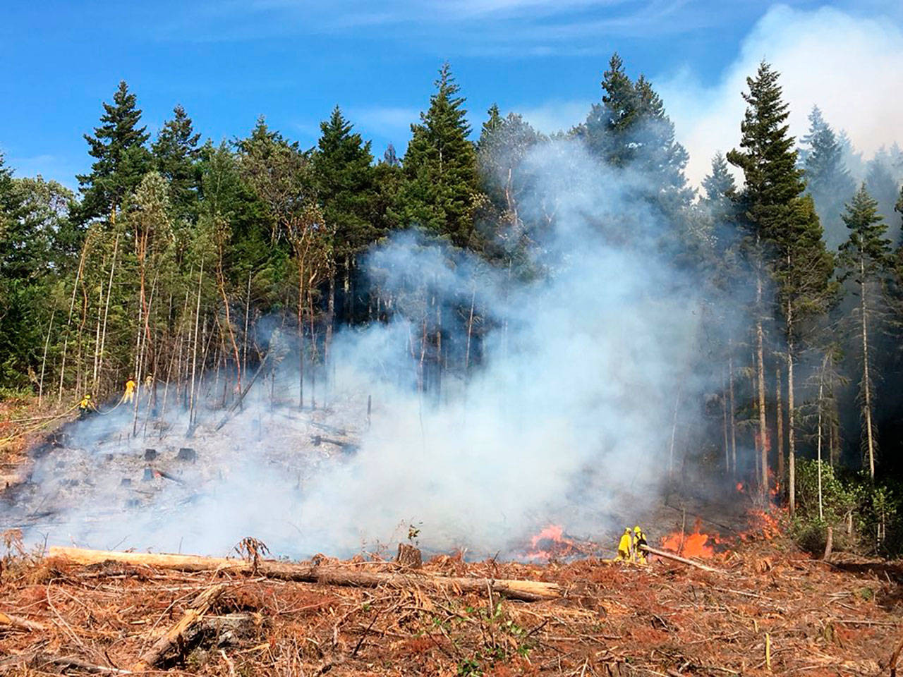 A brush fire of about 1 acre on Cape George Road was growing quickly, said Bill Beezley, East Jefferson Fire Rescue spokesman late Thursday afternoon. (East Jefferson Fire Rescue)