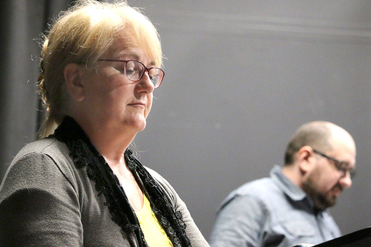Director Janet Lucas, left, and Chris Hamilton are pictured at a rehearsal of The Port Angeles Community Players Second Stage production of “The Laramie Project.”