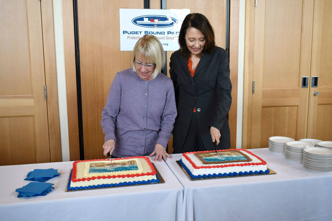 Washington Sens. Patty Murray and Maria Cantwell celebrate the 150th anniversary of the Washington Pilotage Act on Thursday at a celebration in Port Townsend at the Northwest Maritime Center. (Jeannie McMacken/Peninsula Daily News)