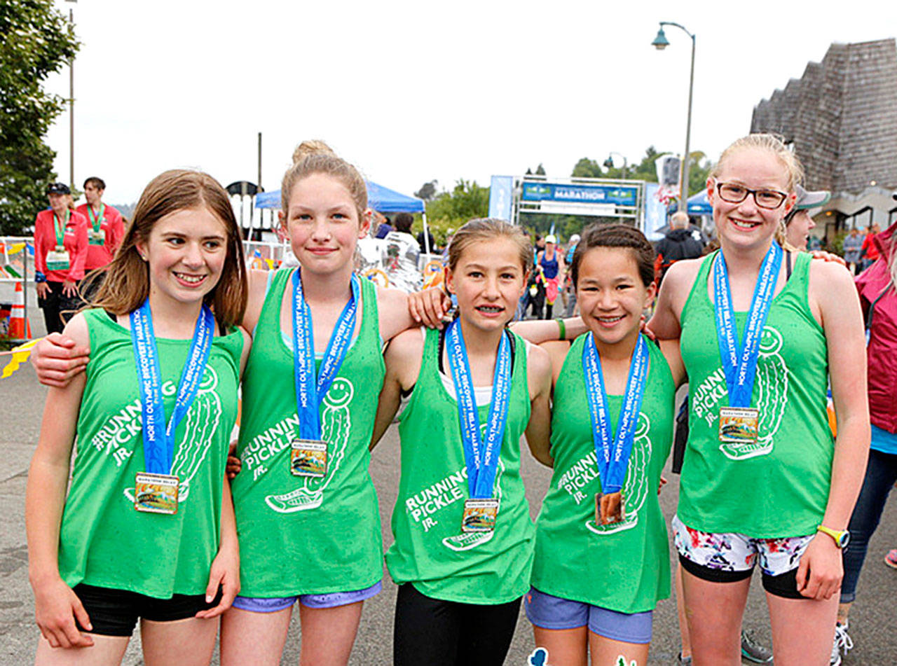Team Running Pickles Jr., a group of local sixth-grade girls, was the first-place raly team in the Junior Division (19 and under) at the North Olympic Discovery Marathon on Sunday. The members of the Running Pickles are Violet Mills, Kathryn Jones, Taryn Johnson, Yau Fu and Harper McGuire
