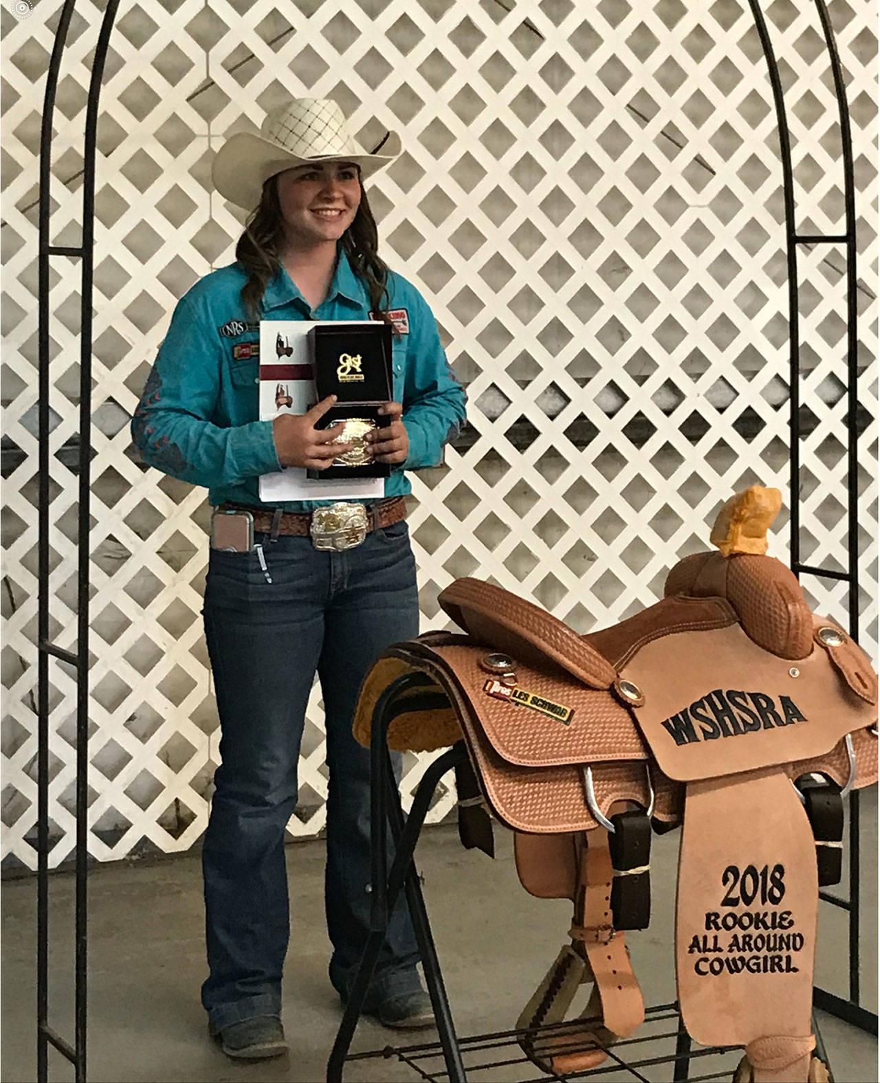 Hard work and dedication to her sport earned Amelia Herman the title of All Around Cowgirl, a saddle and a couple of belts at the Washington State High School Rodeo Finals Junior High Division in May, making her eligible to compete later this month at the National High School Rodeo. (Kay Herman)