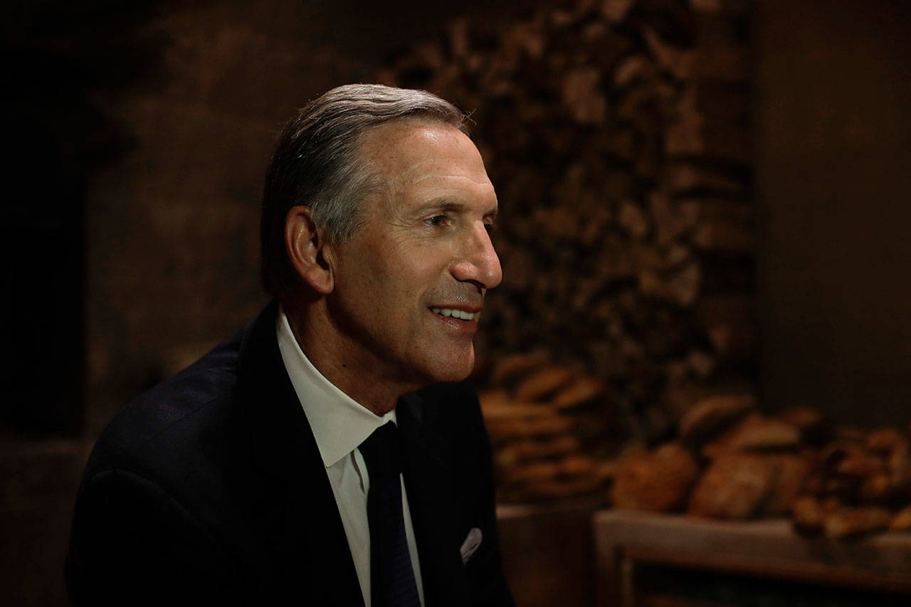 In this Feb. 27, 2017, file photo, Starbucks CEO Howard Schultz smiles during an interview with the Associated Press at a Princi bakery in Milan. (The Associated Press)