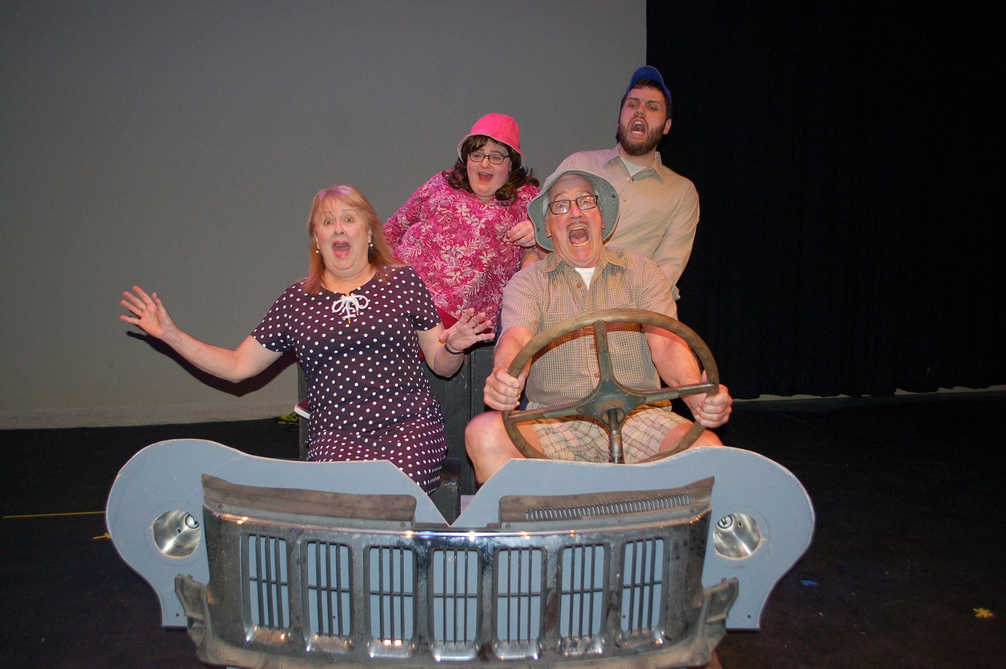 Olympic Theatre Arts’ upcoming show “Leaving Iowa” tells the story of the Brownings’ quirky family road trips, with Cheryl Di Pietro cast as Mom, front left, Taylor Dowley as Sis, Ryan Macedo as Don and Greg Scherer as Dad. (Erin Hawkins/Olympic Peninsula News Group)