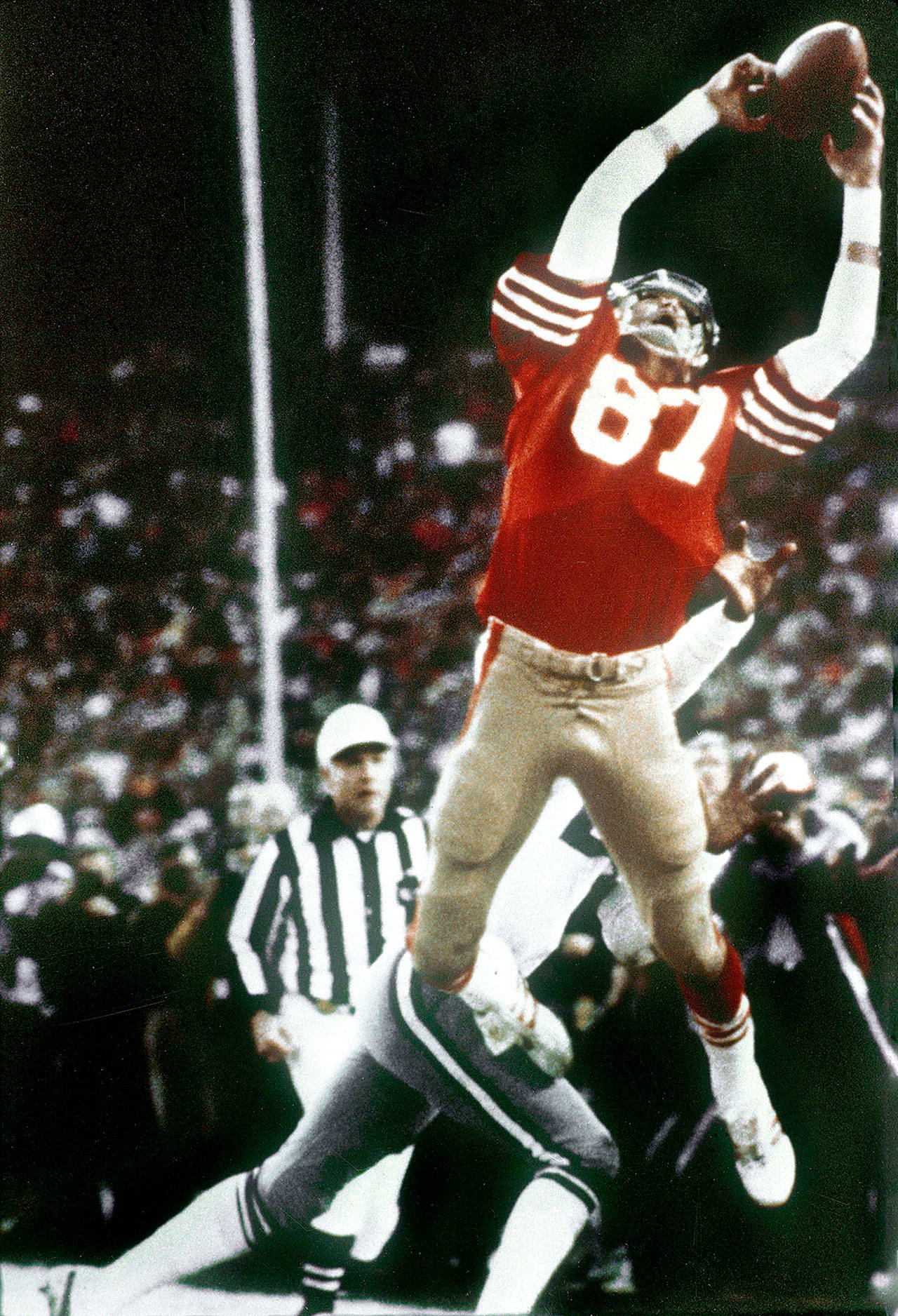 The Associated Press                                San Francisco 49ers wide receiver Dwight Clark makes “The Catch,” late in the fourth quarter against the Dallas Cowboys in the NFC championship football game atCandlestick Park in San Francisco on Jan. 10, 1982.