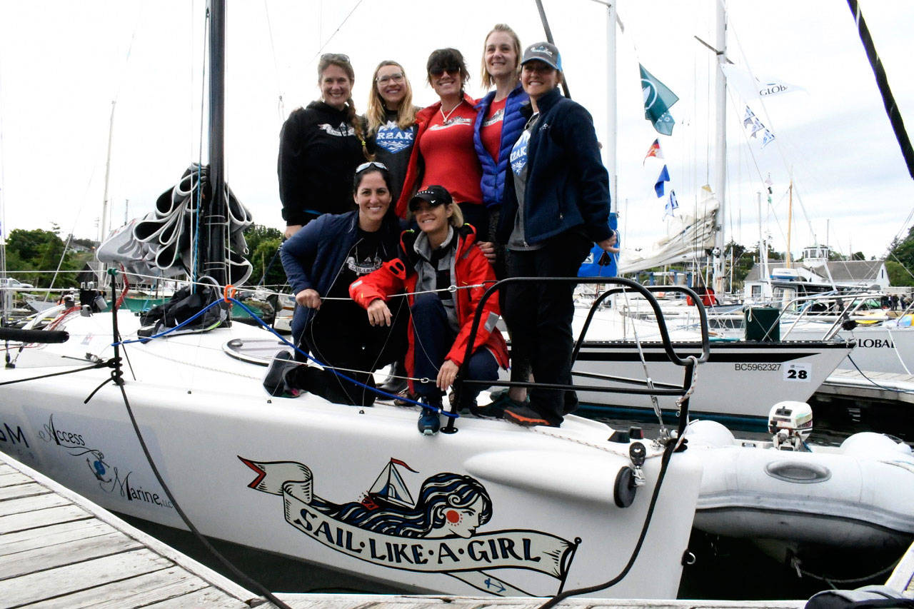 Members of team Sail Like A Girl from Bainbridge Island are ready to take on R2AK. The field of competitors leaves Port Townsend Bay at 5 a.m. this morning, with the first stop being Victoria. (Jeannie McMacken/Peninsula Daily News)