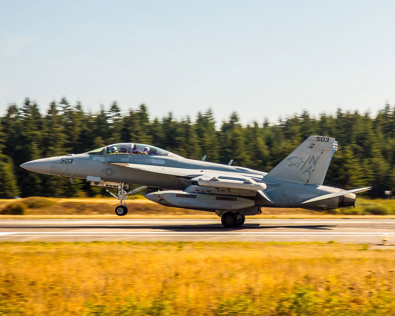 An EA-18G Growler pilot practices aircraft carrier landings at Outlying Field Coupeville. (U.S. Navy)