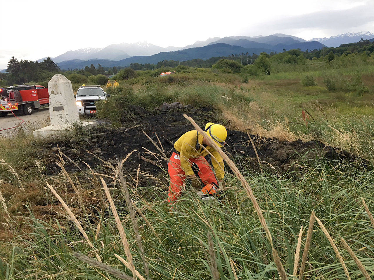 Clallam Fire District No. 2 responded to a brush fire at 400 Charles Road early Wednesday evening. It is believed the fire was started by fireworks. (Clallam Fire District No. 2)