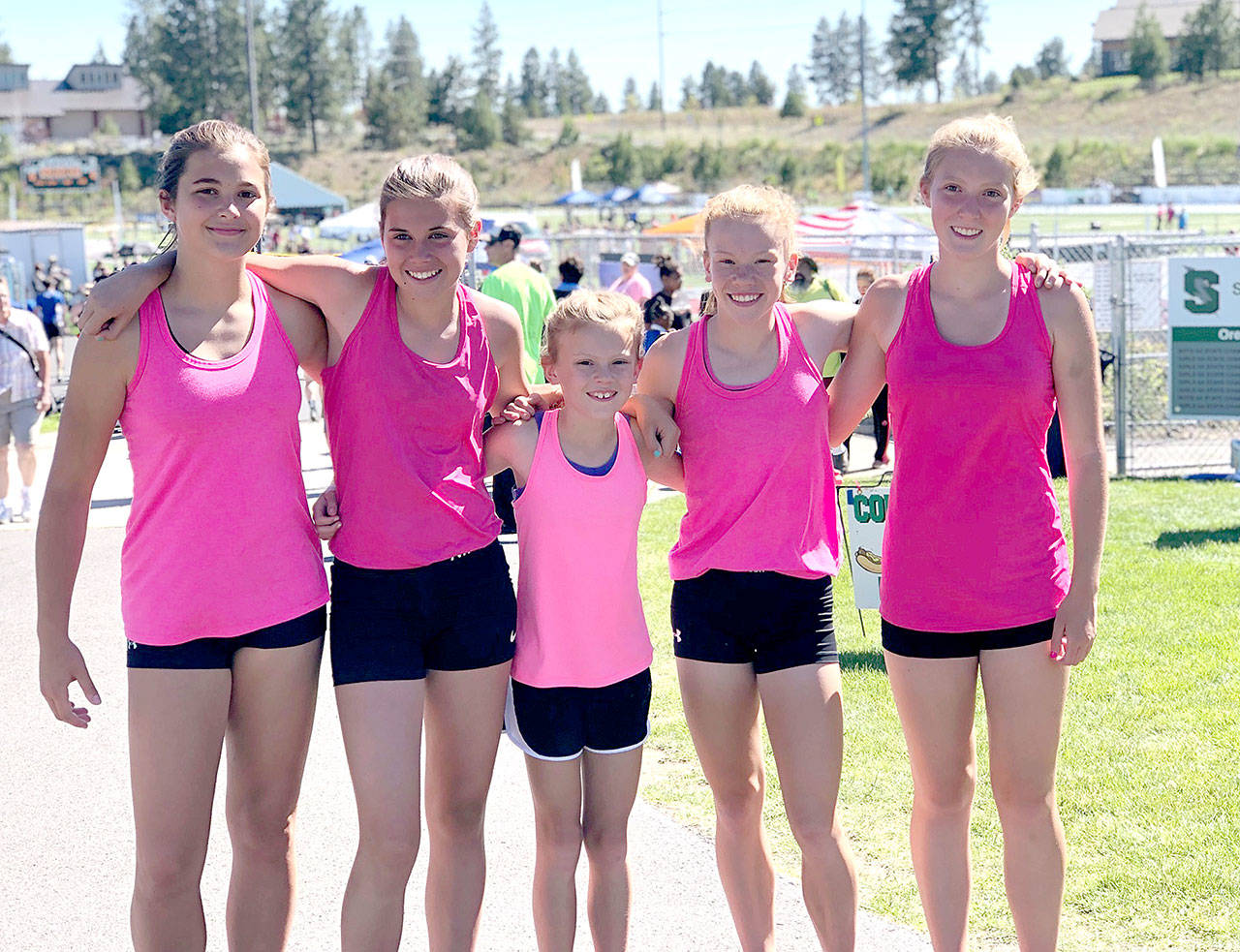 Members of the Olympic Peninsula Track Club competed in the USA Track and Field regionals this past weekend in Bend, Ore. From left are Eve Burke, Bailee Larson, Birdie Pyeatt, Riley Pyeatt and Jayde Gedelman. Larson and Riley Pyeatt qualified for the nationals to be held in Greensboro, N.C. July 23-28.