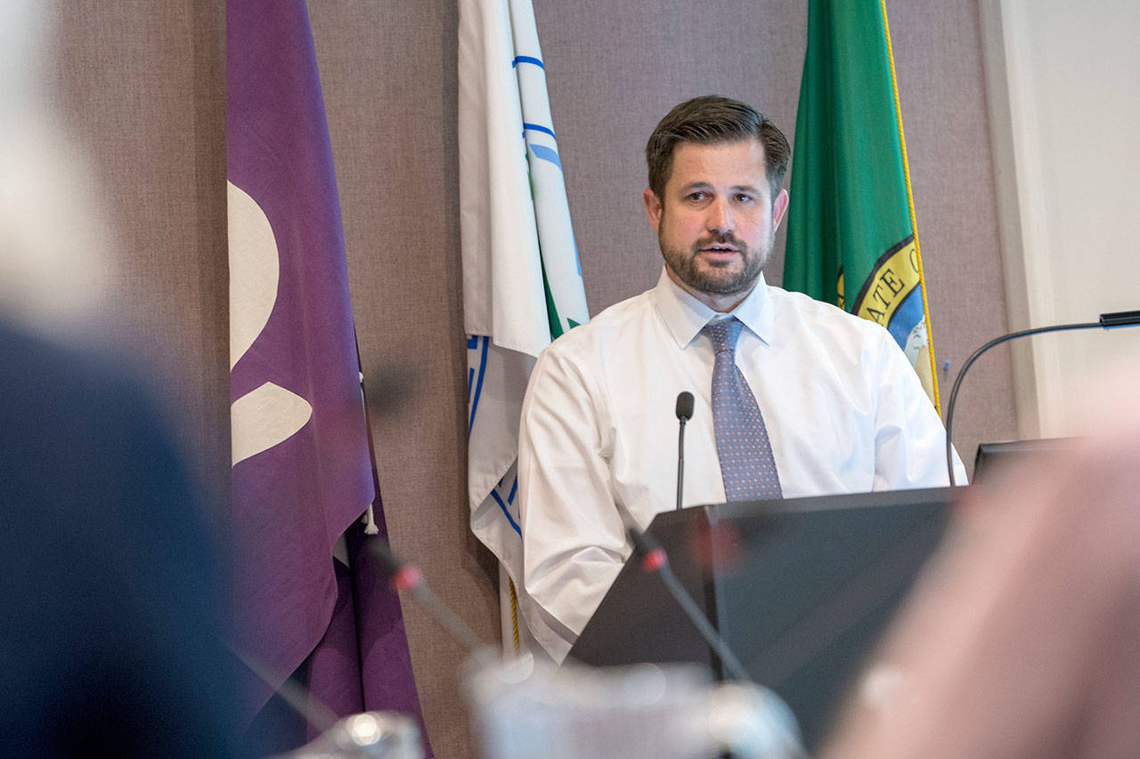 Nathan West, director of Community and Economic Development for the city of Port Angeles, addresses the City Council on Tuesday. (Jesse Major/Peninsula Daily News)