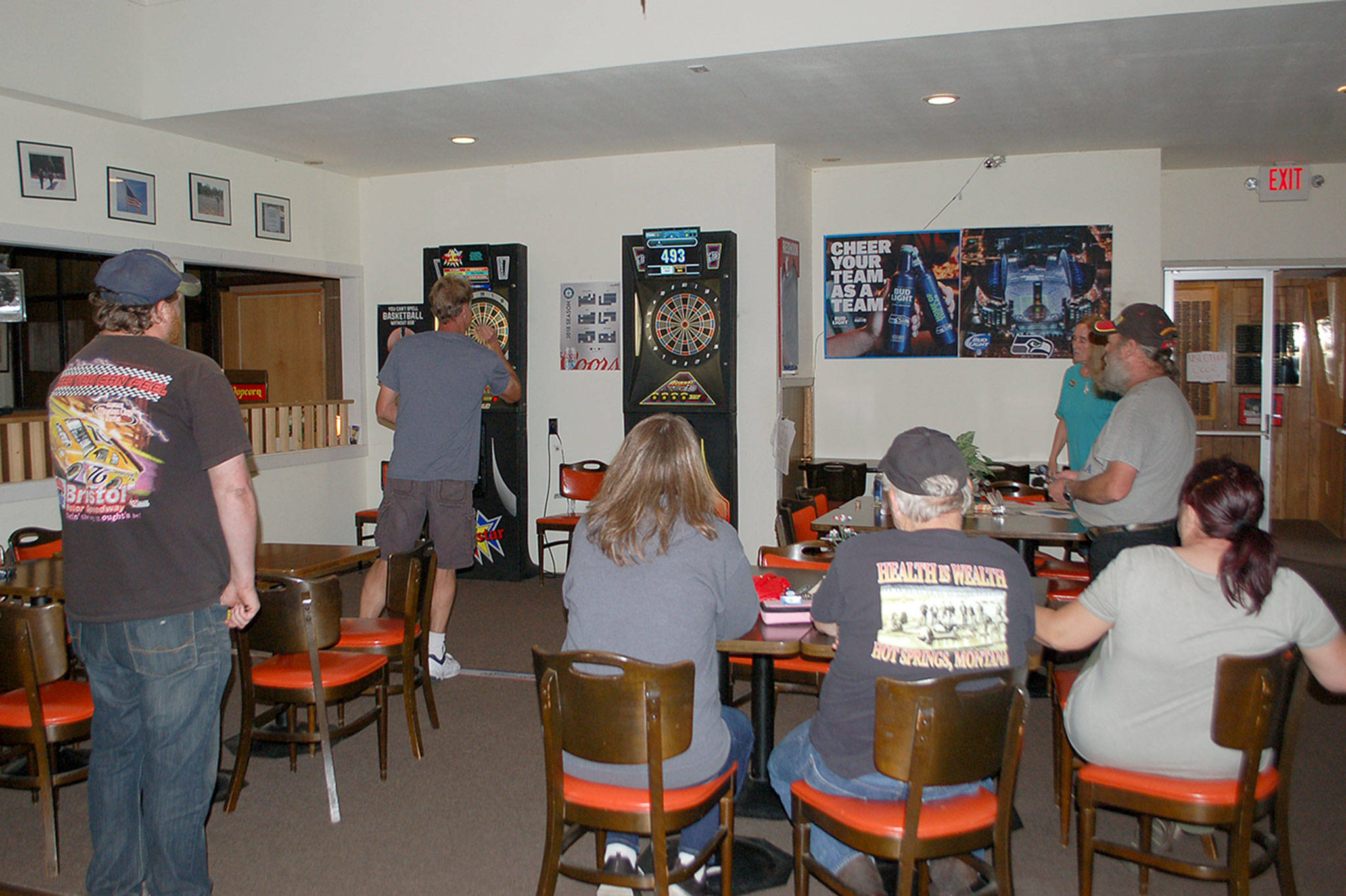 Dart League participants play every Monday at the Veterans of Foreign Wars Post 4760’ facility at 169 E. Washington St. The facility still struggles to remain open with declining membership and lack of volunteers. Sequim Gazette photo by Erin Hawkins