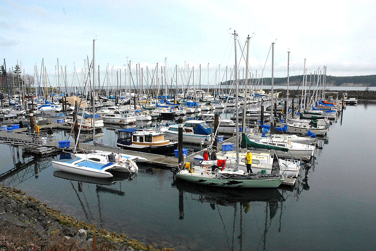 Boats sit moored at John Wayne Marina near Sequim earlier this year. (Keith Thorpe/Peninsula Daily News)