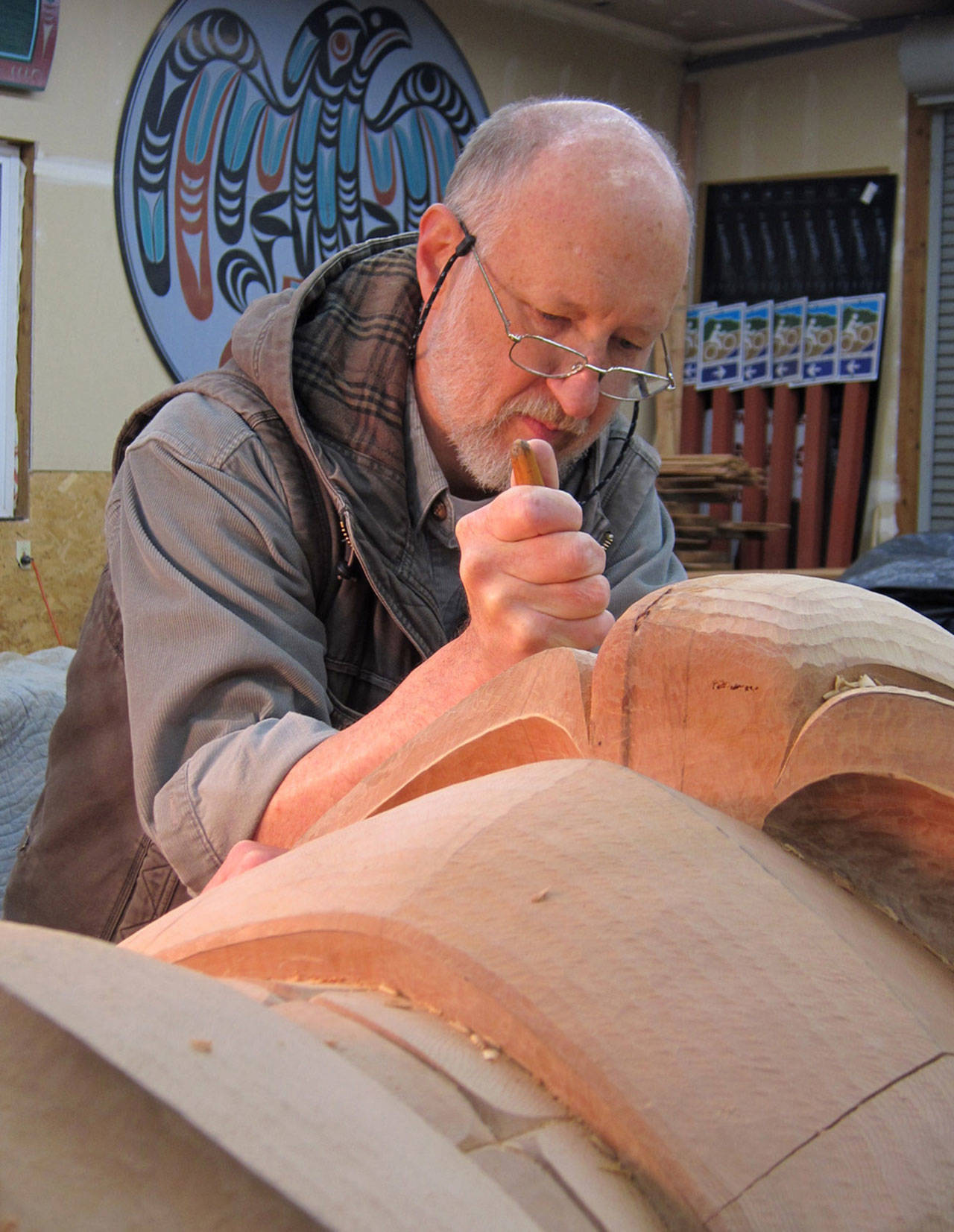Artist Dale Faulstich has been commissioned by the Jamestown S’Klallam Tribe to carve a totem pole and a canoe as a gift to the Northwest Maritime Center. The art is expected to be completed in 2019. Faulstich has completed 66 totems in the North Olympic Peninsula area. (Dale Faulstich)