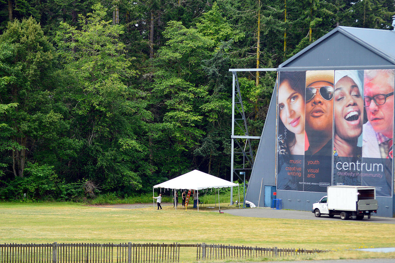McCurdy Pavilion and Littlefield Green, venues for this weekend’s Jazz Port Townsend concerts, are graced by photographs of performers here this season. They are, from left, Anat Cohen, Jerron Paxton, Jazzmeia Horn and Matt Wilson. (Diane Urbani de la Paz/for Peninsula Daily News)