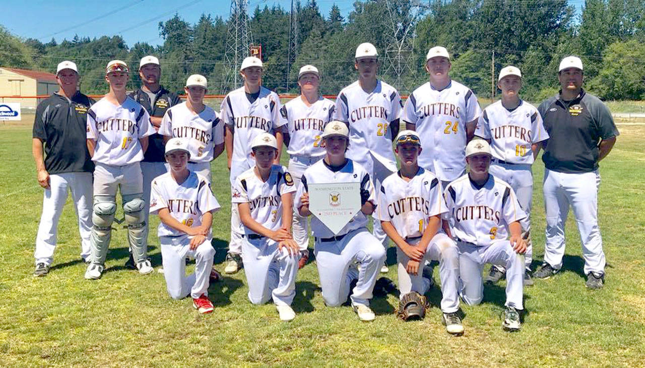 The Olympic Crosscutters finished second at their district tournament last weekend in Blaine and will participate in the Washington State American Legion A State Tournament beginning Saturday. The Crosscutters will face Mount Spokane at 3 p.m. at Lower Woodland Park in Seattle. Team members and coaches are, back row from left, Coach Mike McCracken, Zach McCracken, coach Rob Elofson, Silas Thomas, Logan Powers, Joey Hildabrandt, Hayden Eaton, Brandon Barnett, Logan Olson, Coach John Qualls and bottom row, Gabe O’Connor, Trenton Indelicato, Colton Reed, Connor Bear and Dalton Kilmer. Not pictured: ESPN Judd.