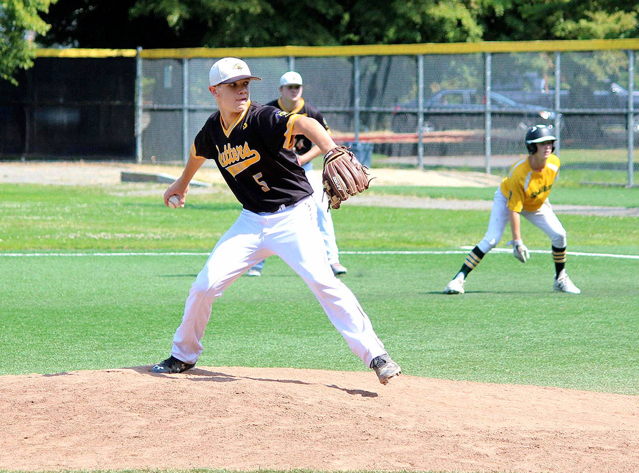 Silas Thomas of the Olympic Crosscutters pitches against Shadle Park in the American Legion “A” State Tournament in Seattle on Saturday. Thomas gave up just one run and struck out five in six innings in the Crosscutters’ 4-1 win.
