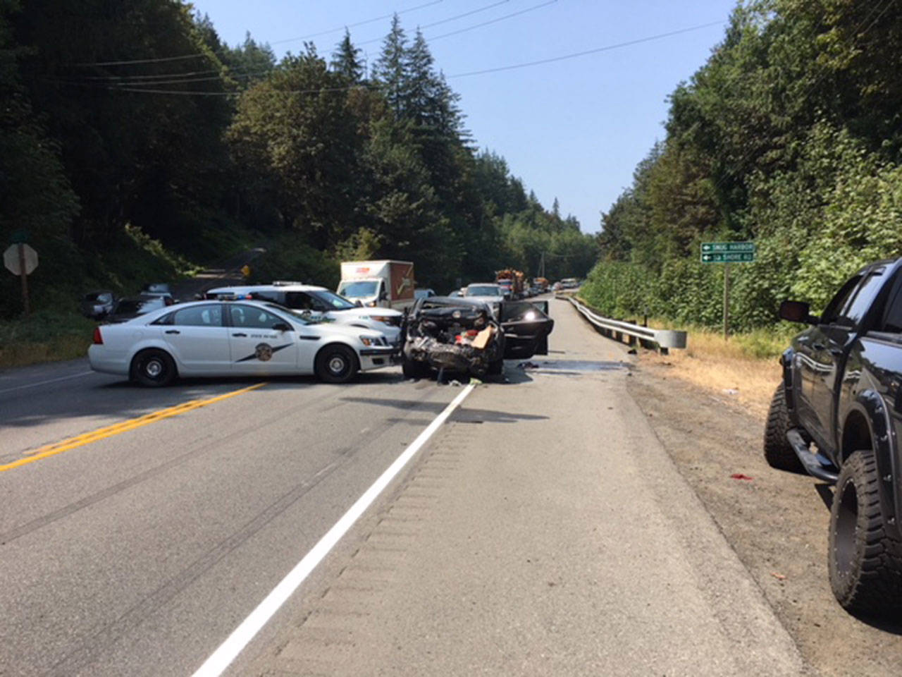 A four-vehicle chain reaction of collisions near South Shore Road block traffic in both directions on U.S. Highway 101 on Monday. (Clallam County Fire District No. 2)