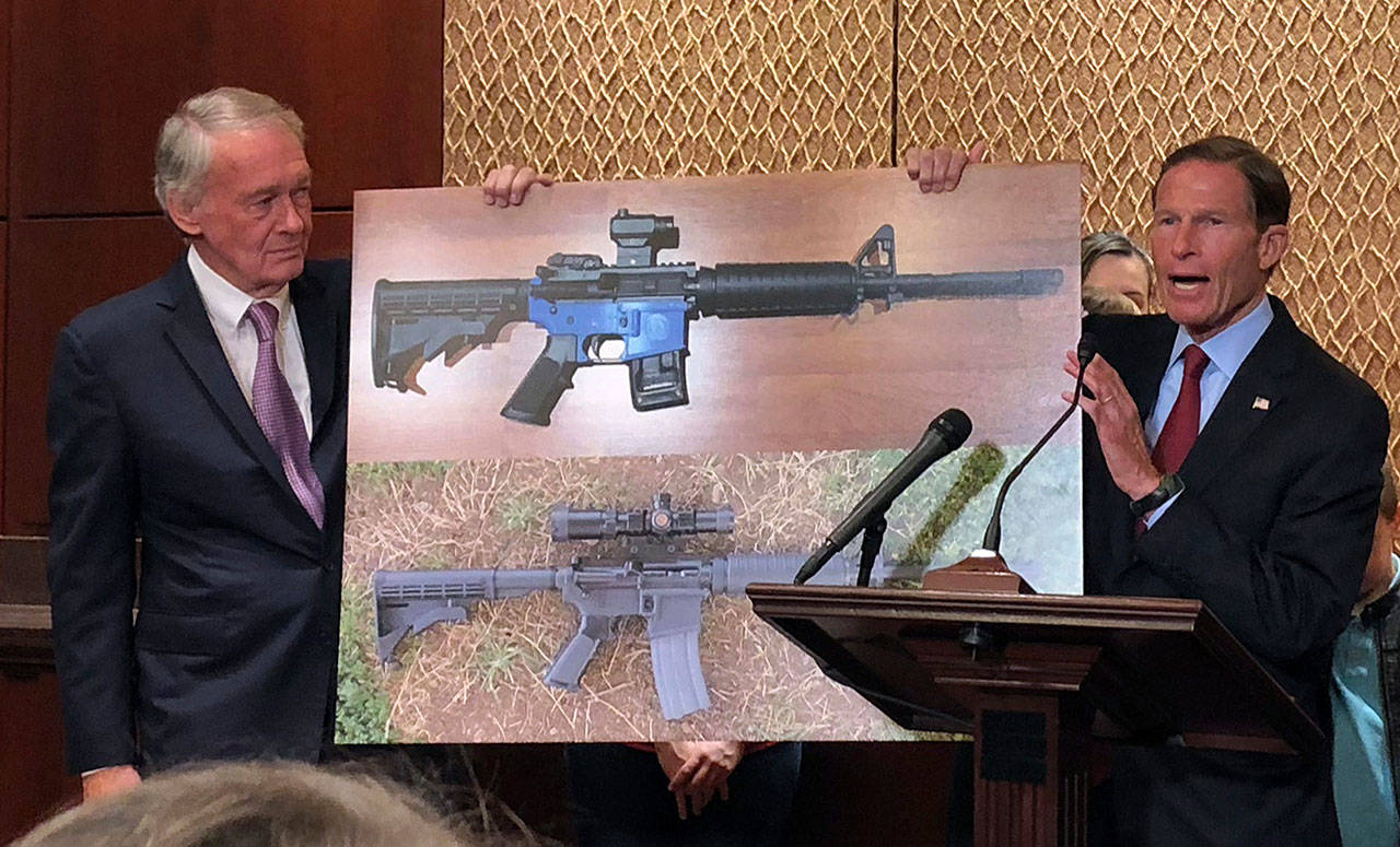 Sen. Edward Markey, D-Mass., left, and Sen. Richard Blumenthal, D-Ct., display a photo of a plastic gun Tuesday on Capitol Hill in Washington, D.C. (Matthew Daly/The Associated Press)
