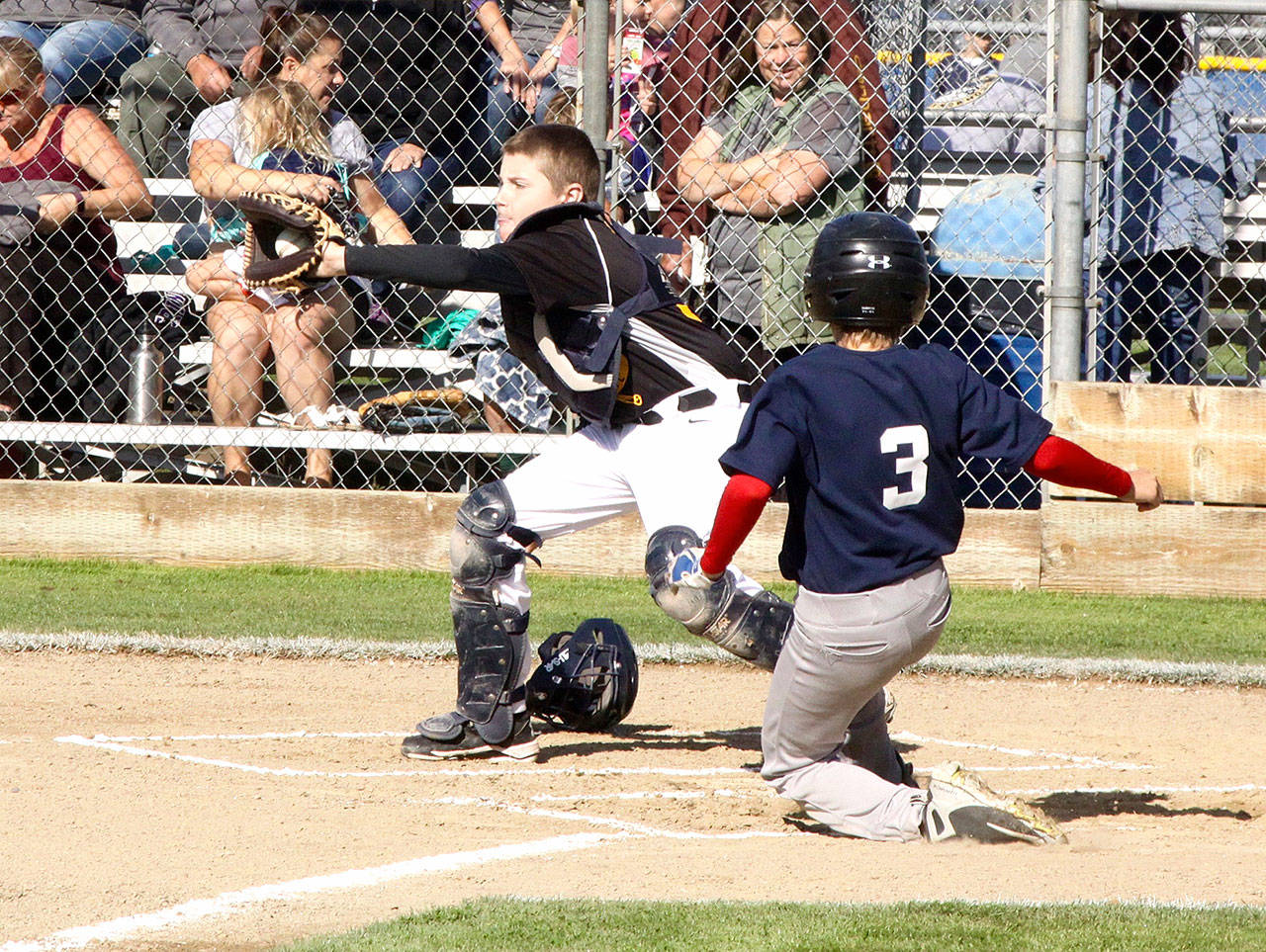 Dave Logan/for Peninsula Daily News The 21st annual Dick Brown Memorial Baseball Tournament began at the Lincoln Park fields in Port Angeles Saturday. Twenty teams from as far as Bellevue and Edmonds are competing. The two-day tournament winds up with the championship games in each division scheduled for 4 p.m. today. Here, Sequim Crosscutter catcher Brayden White gets the ball from the outfield, but not in time to stop Bryton Amsdill of the Port Angeles 12-year-olds from sliding home safely for the first run of the game.