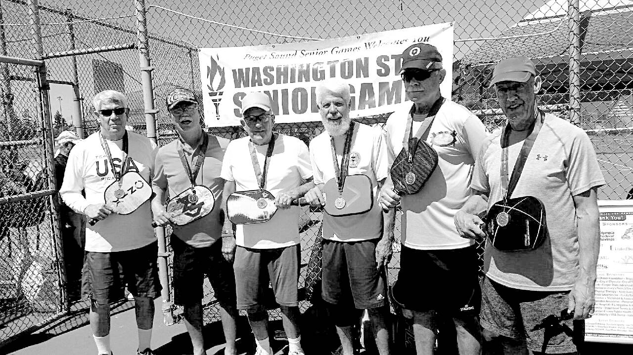 Pickleball players from left, David Davidson, Norio Nishiguchi, Bob Sester of Sequim, Steve Bennett of Port Angeles and former Peninsula College men’s basketball coach Don Huston, participated in the Washington State Senior Games last weekend.                                Pickleball players from left, David Davidson, Norio Nishiguchi, Bob Sester of Sequim, Steve Benett of Port Angeles and former Peninsula College men’s basketball coach Don Huston, participated in the Washington State Senior Games last weekend.