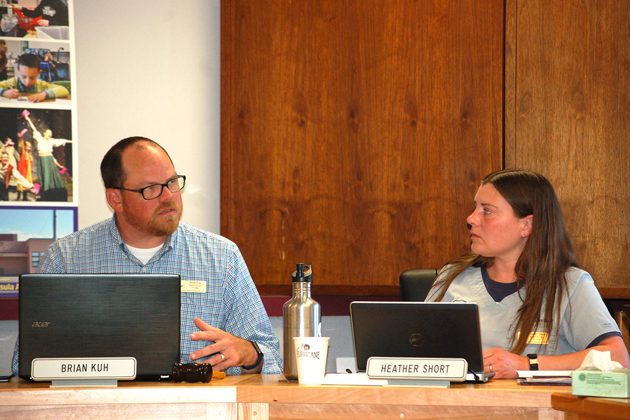 The Sequim School Board approved Brian Kuh, left, as the board’s new president as former president Heather Short, right, announced she was stepping down. Short will now serve as the board’s vice president. (Erin Hawkins/Olympic Peninsula News Group)