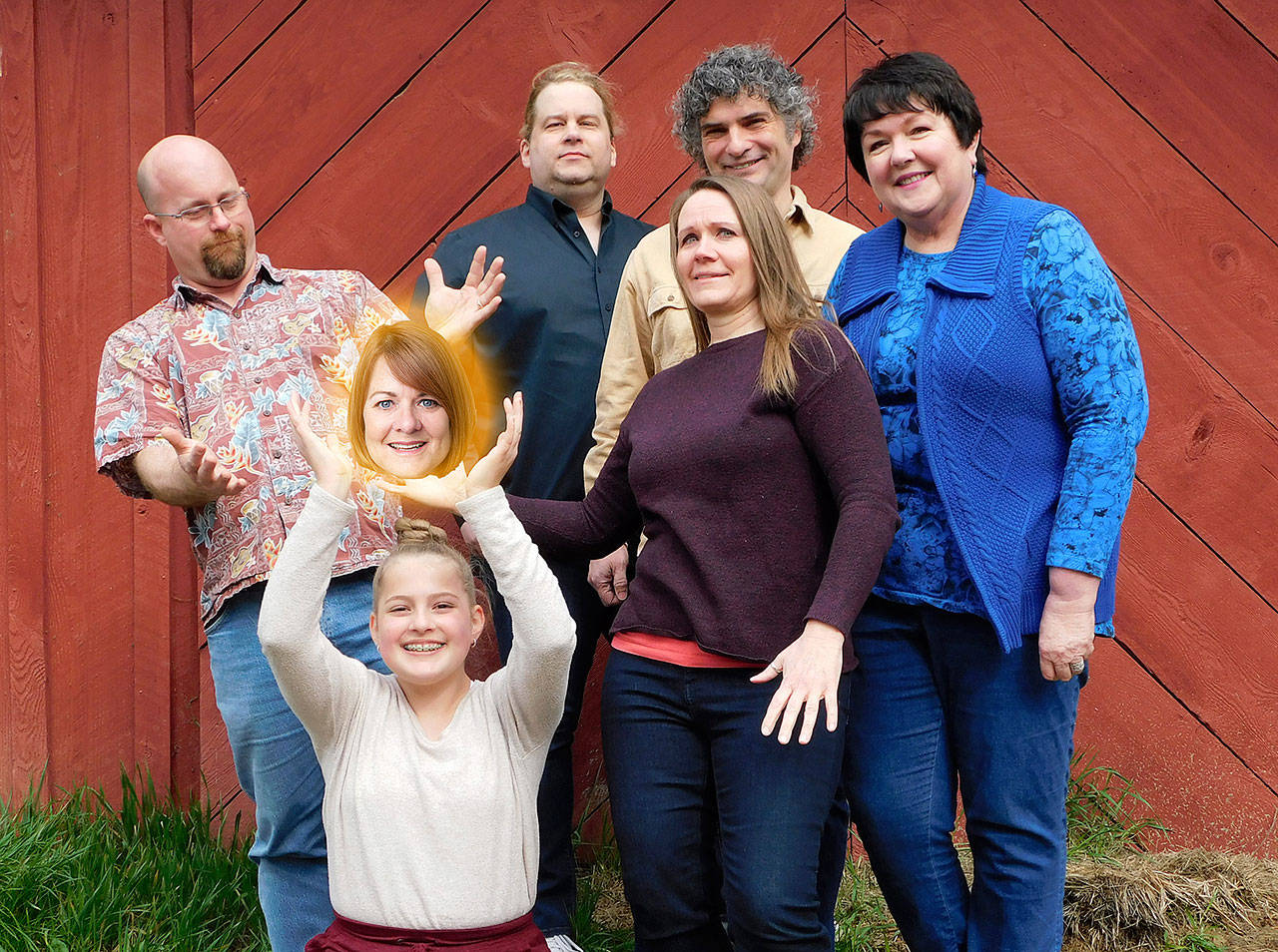 Joining the hovering head of Marybeth Redmond are Imagined Reality improv players (from left) Tyler Weaver, Rose Weaver (kneeling), Andrejs Zommers, Michelle Allen, Patrick Ryan and Nancy Peterson. The Bainbridge Island-based troupe visits Sequims Olympic Theatre Arts on Saturday.