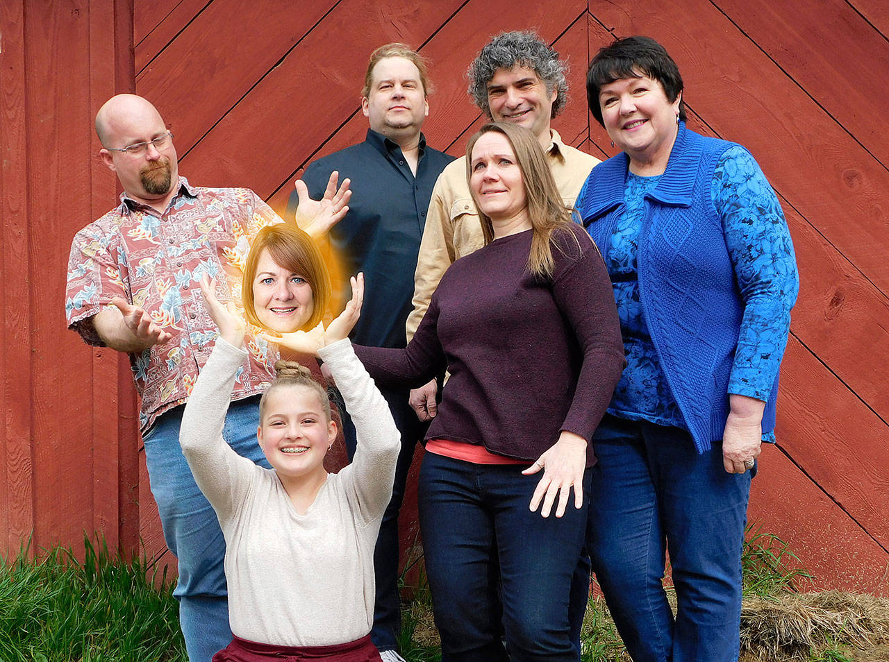 Joining the hovering head of Marybeth Redmond are Imagined Reality improv players (from left) Tyler Weaver, Rose Weaver (kneeling), Andrejs Zommers, Michelle Allen, Patrick Ryan and Nancy Peterson. The Bainbridge Island-based troupe visits Sequim’s Olympic Theatre Arts on Saturday.