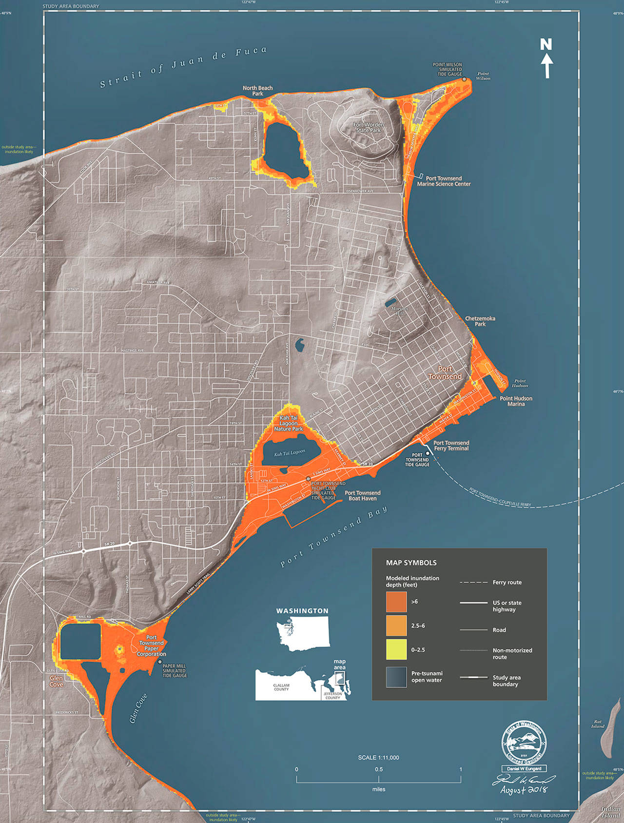 The state Department of Natural Resources has released an updated version of its Tsunami Inundation Hazard maps. This map shows tsunami impacts for Port Townsend and nearby communities.