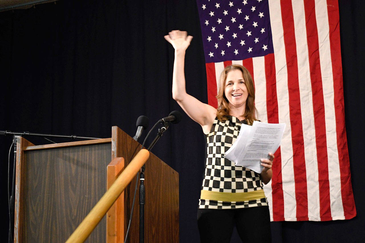 Commissioner of Public Lands Hilary Franz was the keynote speaker during the Jefferson County Democrats’ Fish Feast on Sunday Night. Franz said that 300,000 acres in the state have burned and that fire season will extend into October this year. (Jeannie McMacken/Peninsula Daily News)