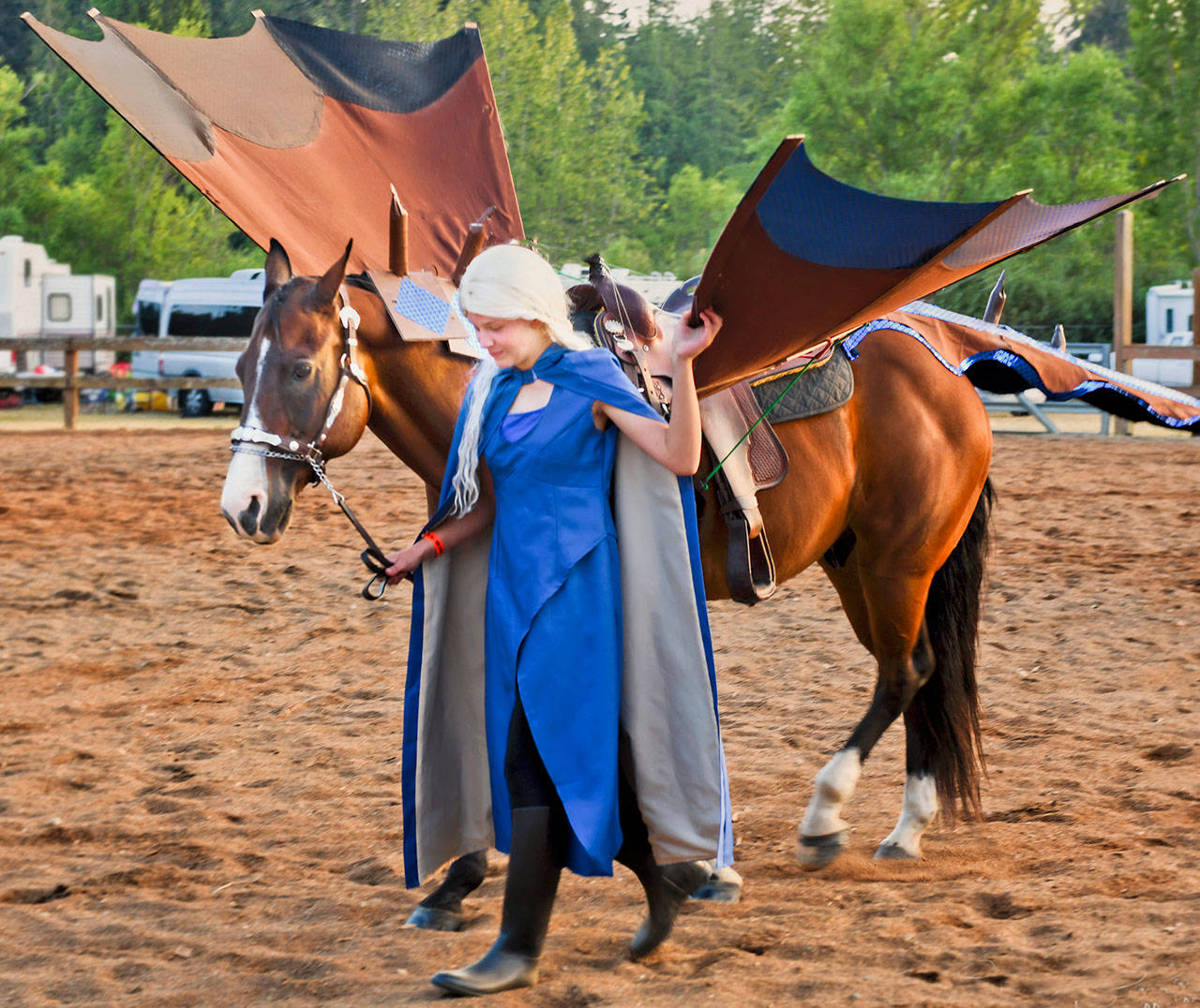 Taylor Maughan, 12, and Cody won the Grand Champions Costume competition at the Clallam County Fair last weekend. Taylors costume, which includes her horse wearing moveable wings, was based on the Game of Thrones character Daenerys Targaryen, Mother of Dragons. (Theresa Powell)
