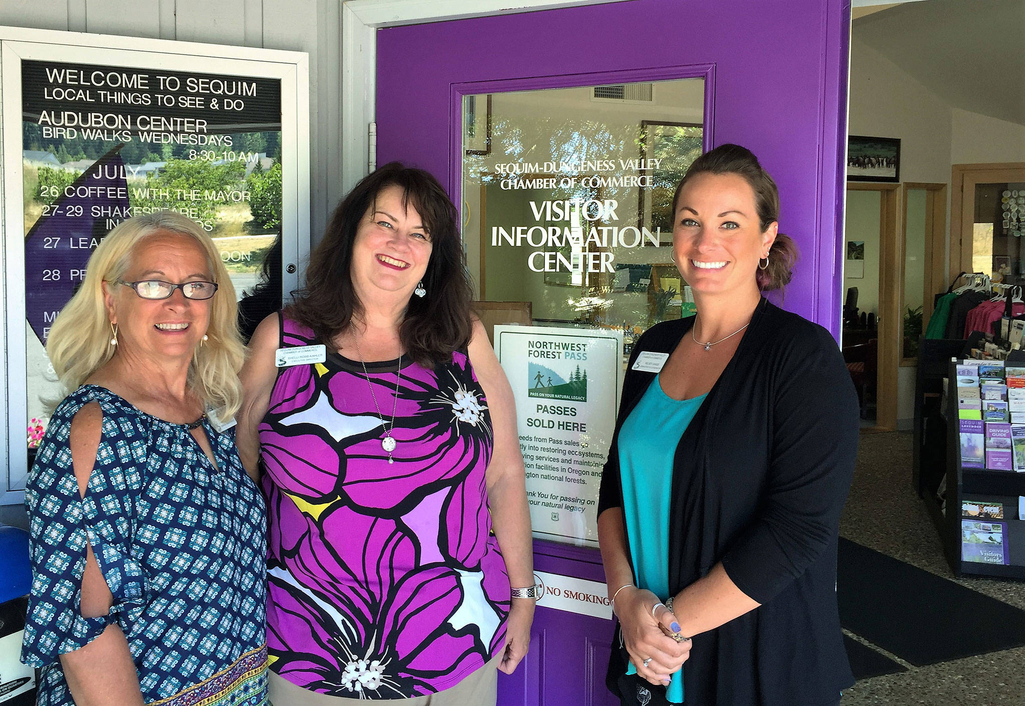 Sequim-Dungeness Valley Chamber of Commerce Executive Director Shelli Robb-Kahler, center, sent in her six-week Chamber resignation notice Aug. 17 to take a management position at Sound Community Bank. Robb-Kahler operated the Sequim Visitor Center, where she stands with Chamber Financial Administrator Melanie Sands, left, and Kelsey Sands, the Chamber’s administrative coordinator.