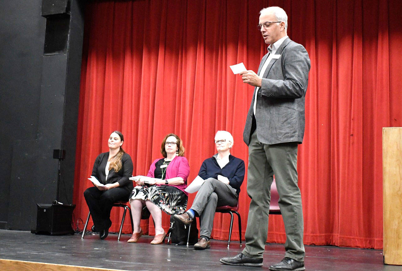 Port Townsend Superintendent of Schools John Polk answers parents’ questions Thursday evening about the status of Salish Coast Elementary School. Also taking part in the discussion are, from left, Assistant Principal Shelby MacMeekin, Principal Lisa Condron and Kirk Robinson, project consultant. (Jeannie McMacken/Peninsula Daily News)