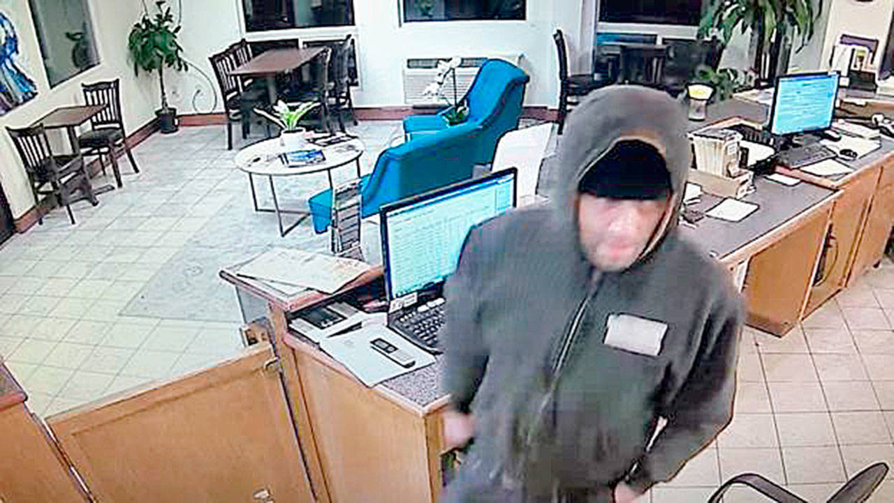 Security footage shows the suspect in Saturday’s early-morning robbery at the Port Angeles Days Inn.