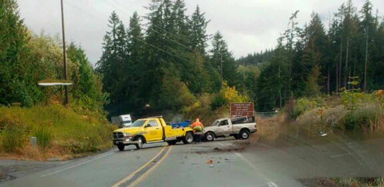 A Port Townsend man was arrested Sunday morning after this rollover wreck on state Highway 20 near Chimacum. (Washington State Patrol)