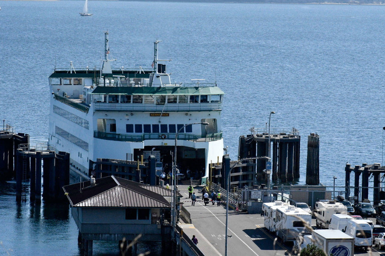 The MV Kennewick arrives in Port Townsend after Sunday’s engine problems took it out of service. The vessel underwent repairs and sea trials before returning to service Monday morning. (Jeannie McMacken/Peninsula Daily News)