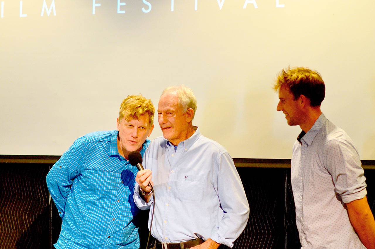 Bobby Whittaker, left, with his father Jim Whittaker and younger brother, Leif, answered questions after their film “Return to Mount Kennedy” screened Sunday. The documentary won the Audience Choice award at the Port Townsend Film Festival. (Diane Urbani de la Paz/for Peninsula Daily News)