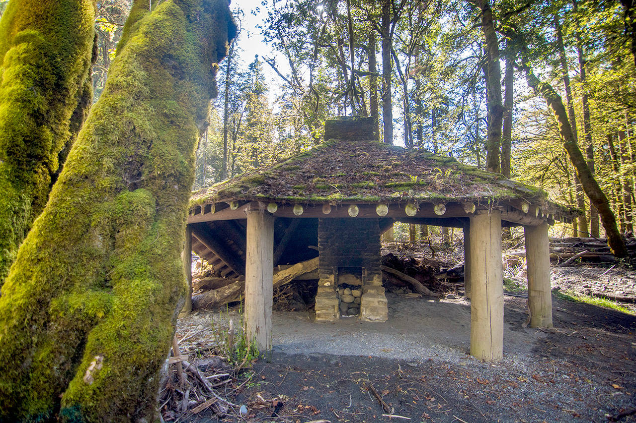 The Elwha Campground Community Kitchen sits in what used to be the Elwha Campground. It has already sustained damage during fall storms last year and could be damaged again this fall and winter. (Jesse Major/Peninsula Daily News)