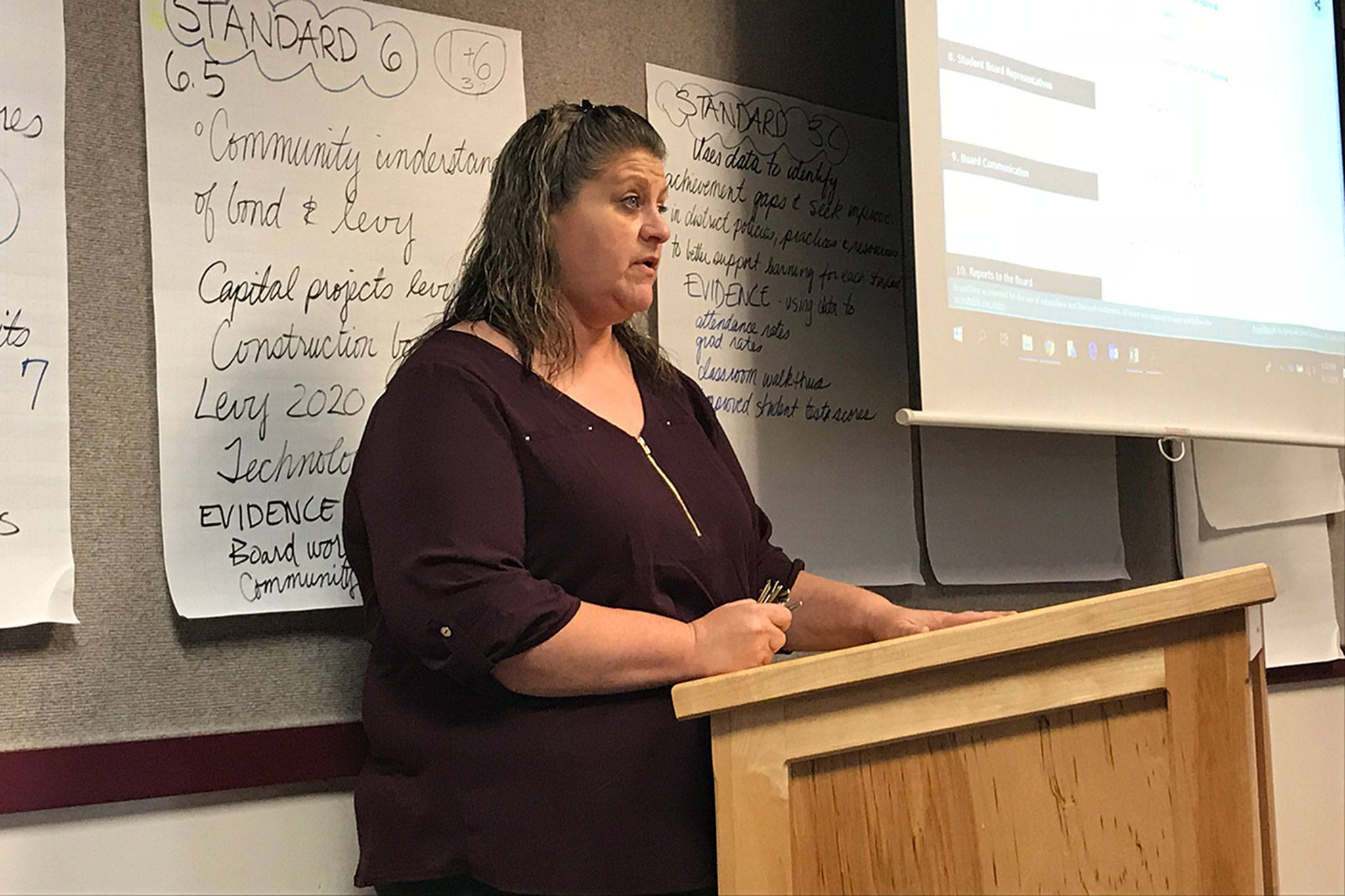 Melissa Carmichael, a parent of a student at Sequim Schools, stressed the importance of paraeducators at the school board meeting Monday. Erin Hawkins/Olympic Peninsula News Group