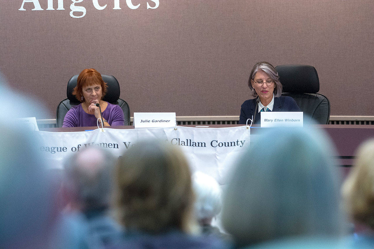 Candidates for Clallam County director of the Department of Community Department Julie Gardiner, left, and Mary Ellen Winborn, answered questions during a League of Women Voters forum Wednesday. (Jesse Major/Peninsula Daily News)