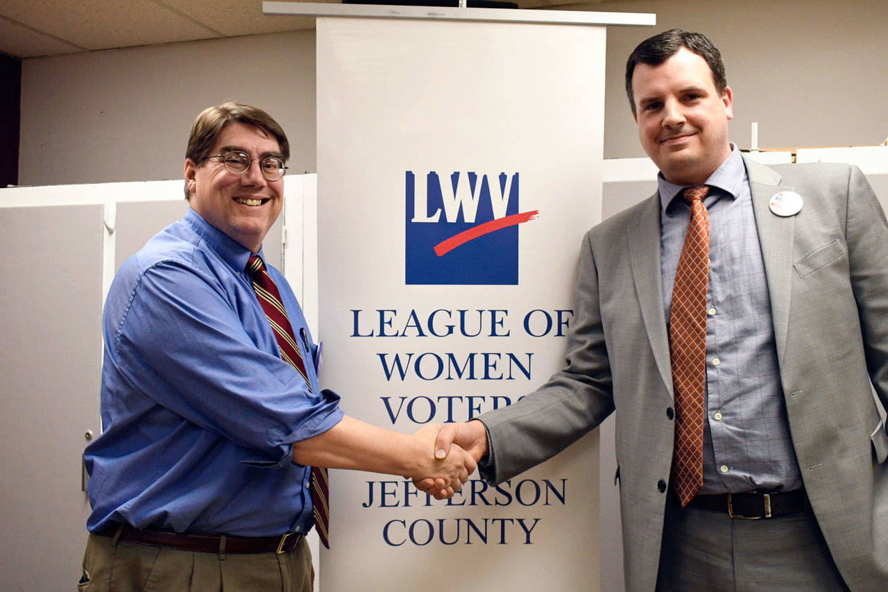 Jefferson County Prosecuting Attorney incumbent Michael Haas, left, and challenger James Kennedy met at a candidates forum to discuss their experience and positions on the judicial system. (Jeannie McMacken/Peninsula Daily News)