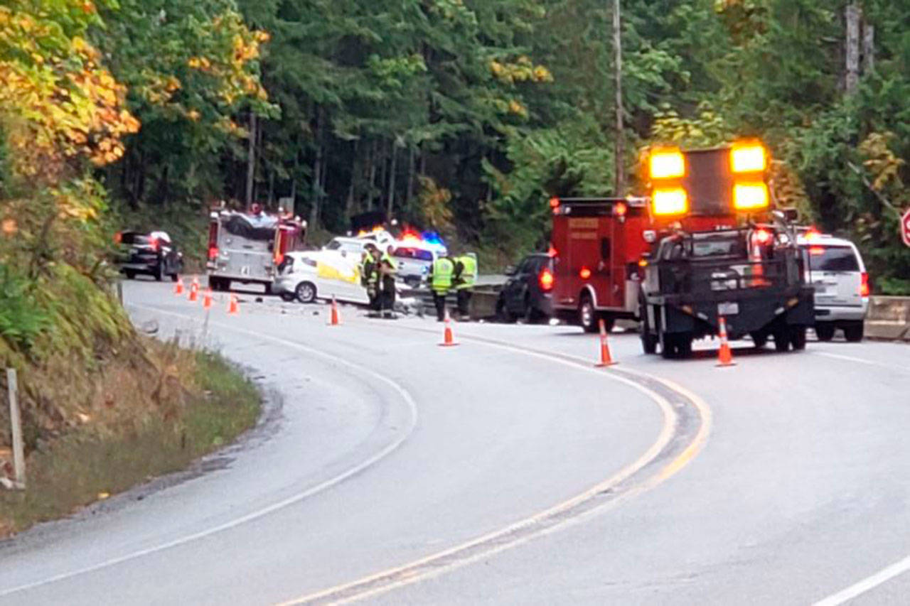 Emergency workers at the scene of a fatal wreck on U.S. Highway 101 near Brinnon on Sunday afternoon. (Washington State Patrol)